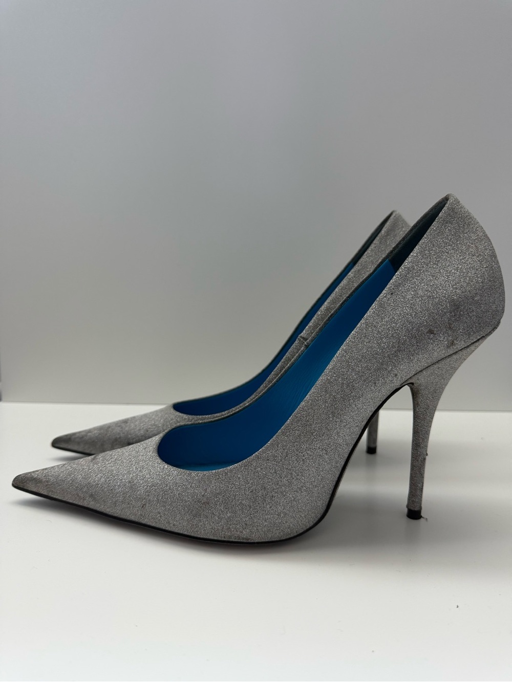 Balenciaga Silver Pointed Toe Stiletto Heels with Blue Insole